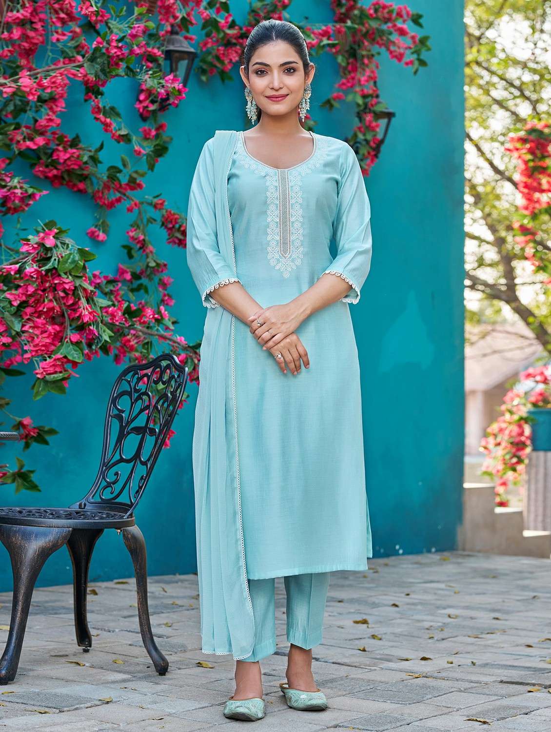 Women Solid With Work Three Quarter Sleeve Kurta Pant With Dupatta Set - 22454458 -  Standard Image - 2