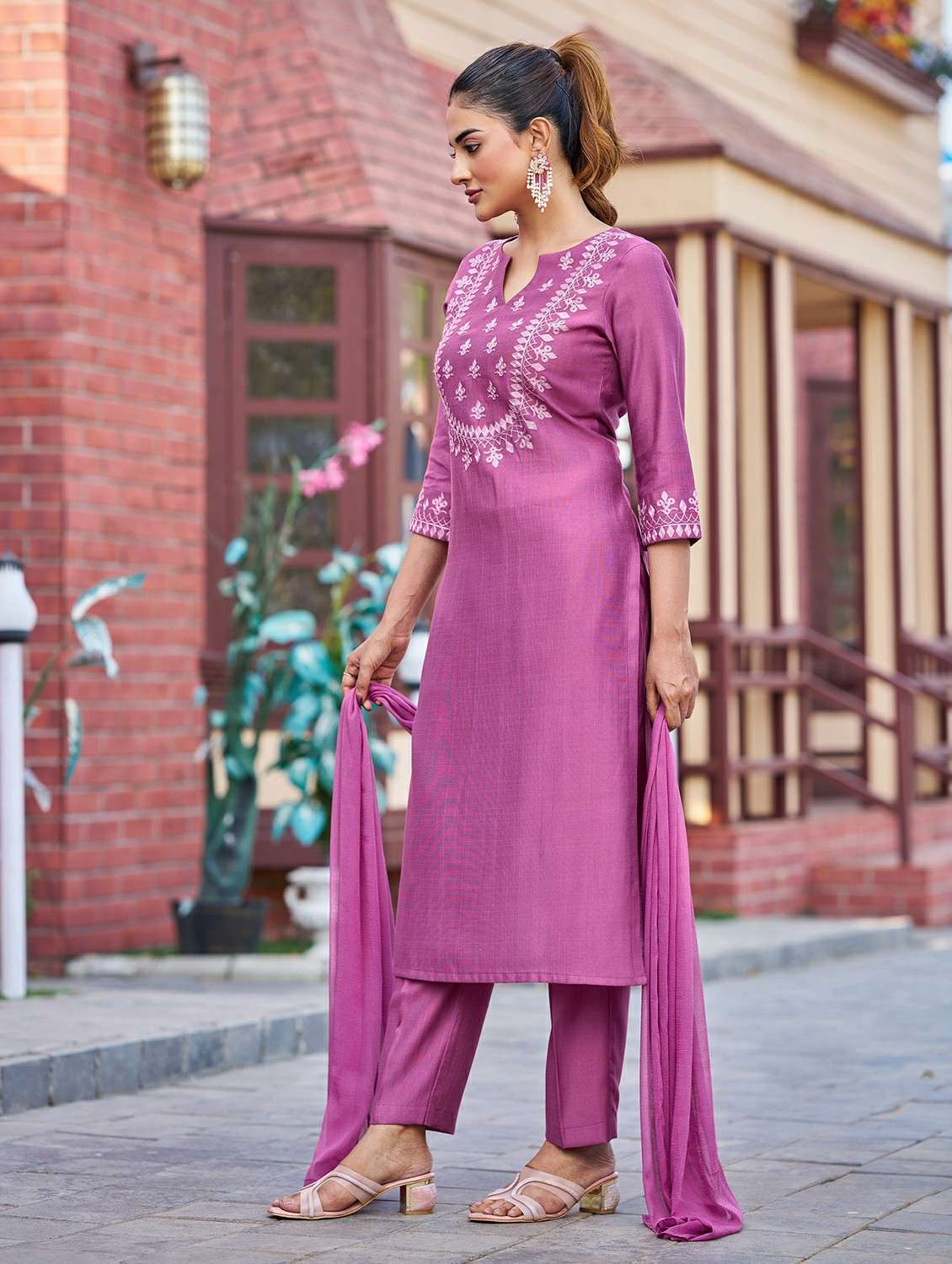 Women Solid With Work Three Quarter Sleeve Kurta Pant With Dupatta Set - 22454460 -  Standard Image - 2