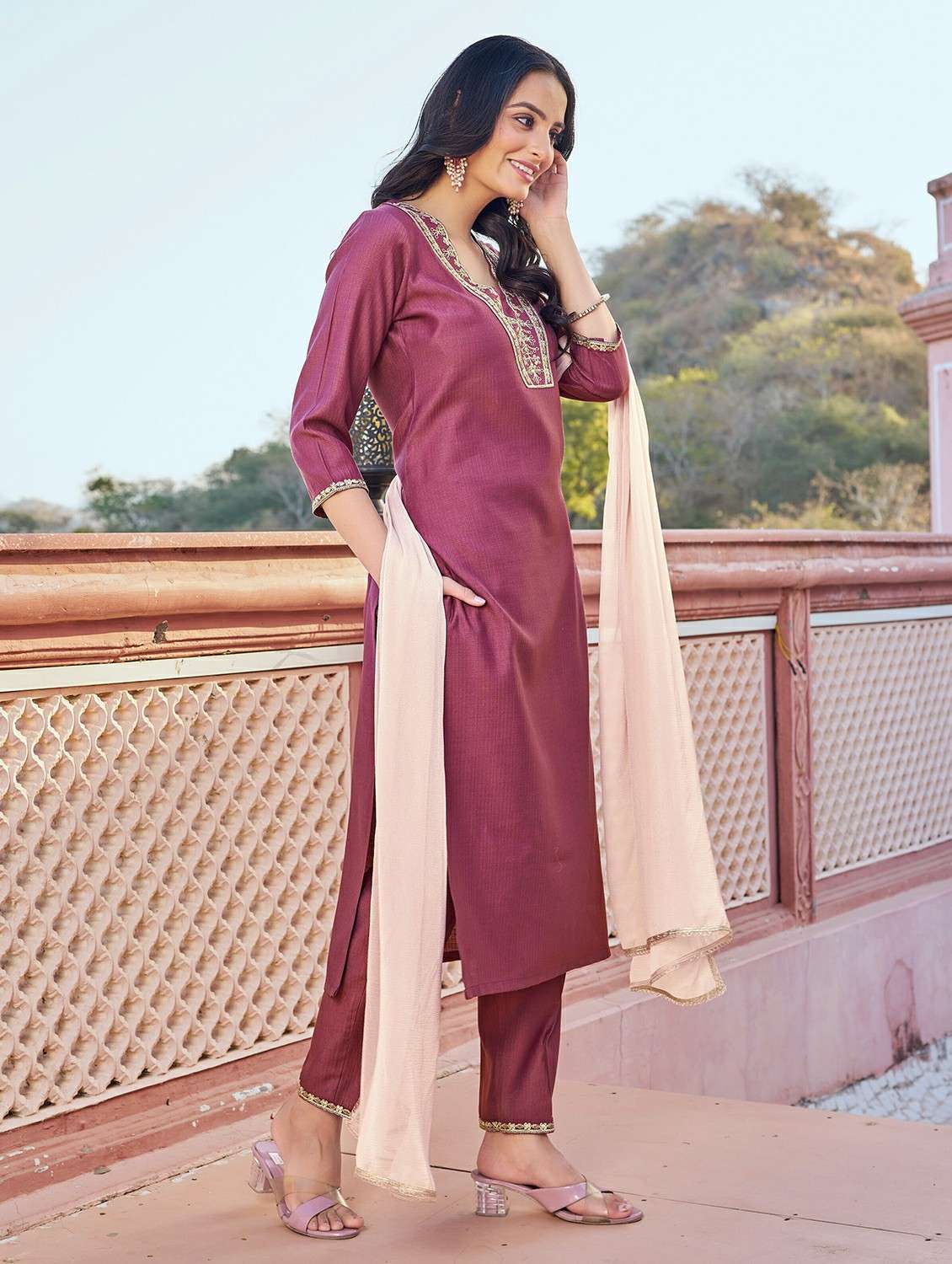 Women Solid With Work Three Quarter Sleeve Kurta Pant With Dupatta Set - 22454462 -  Standard Image - 2