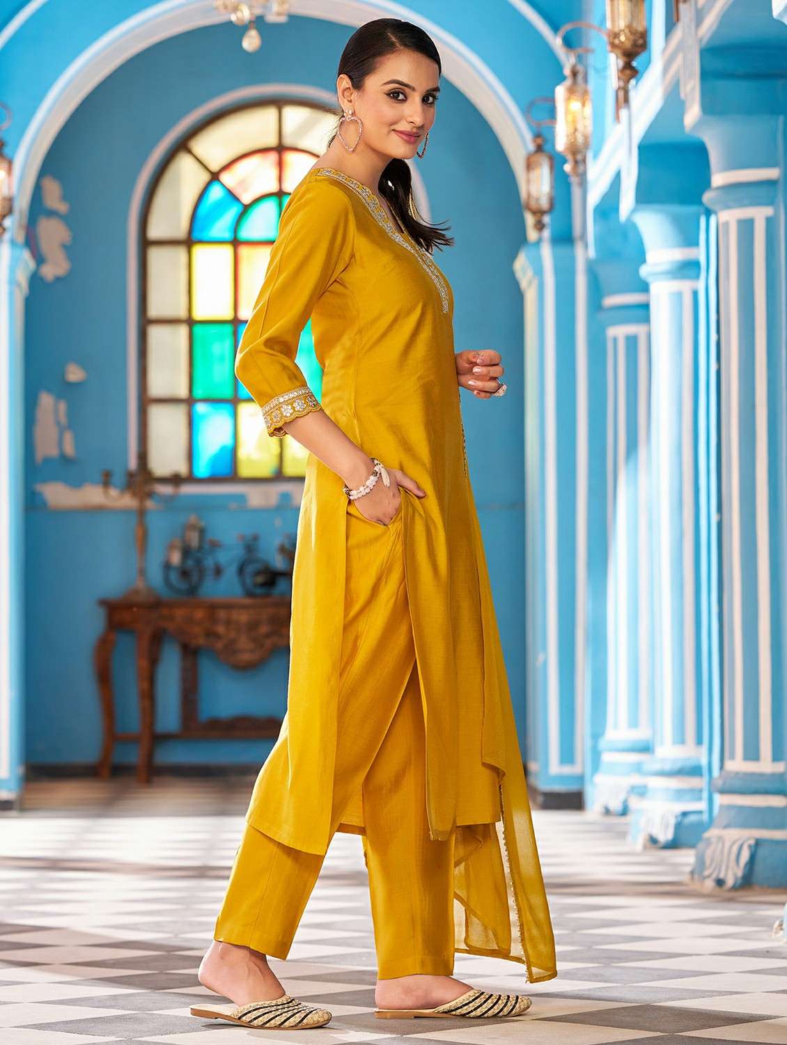 women solid with work three quarter sleeve kurta pant with dupatta set - 22454463 -  Standard Image - 2