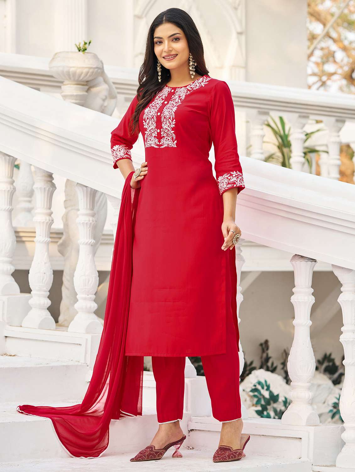 women solid with work three quarter sleeve kurta pant with dupatta set - 22454472 -  Standard Image - 2