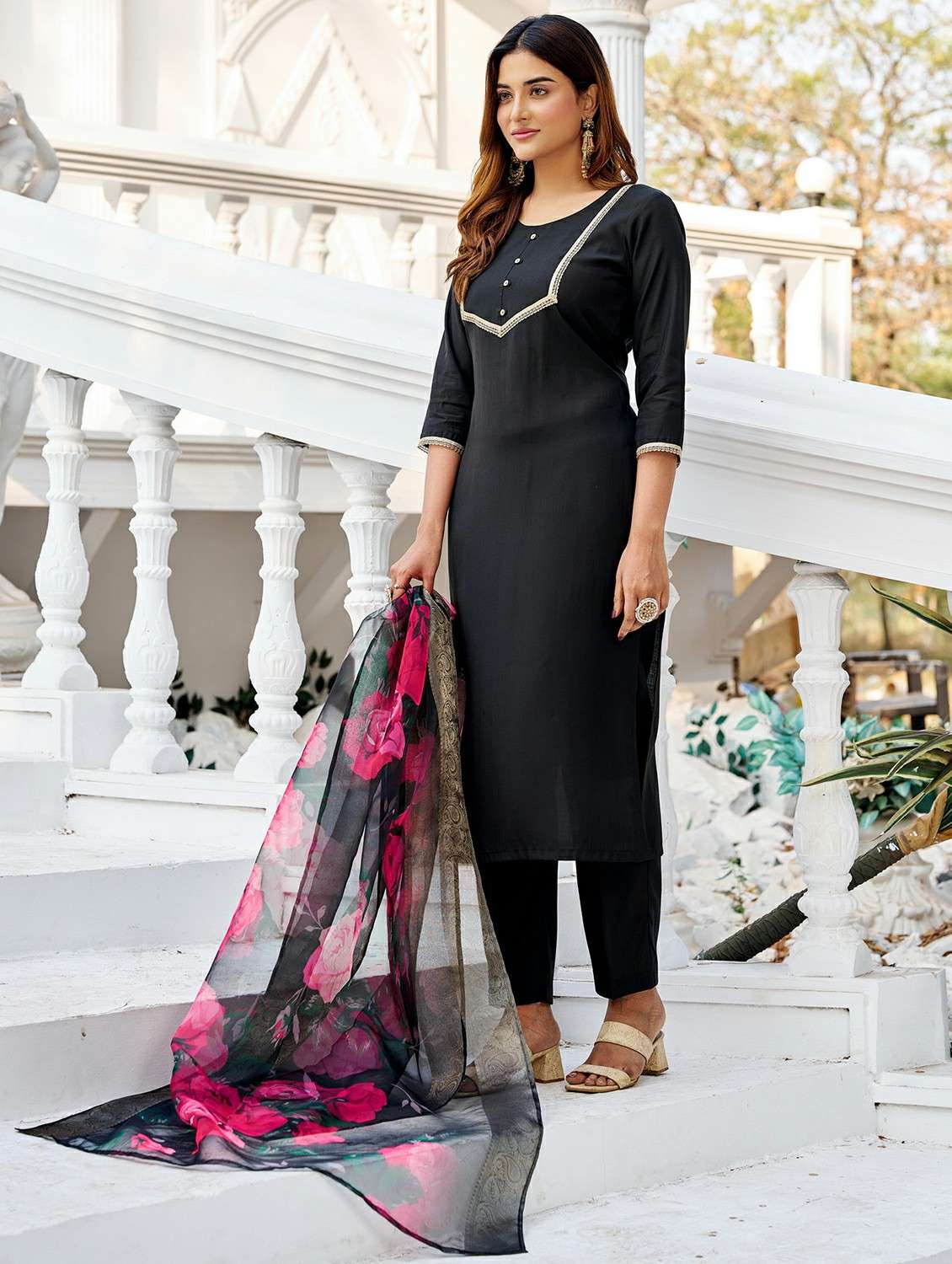 women solid with work three quarter sleeve kurta pant with dupatta set - 22454473 -  Standard Image - 2