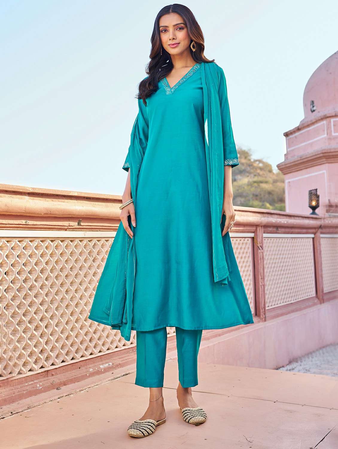women solid with work three quarter sleeve kurta pant with dupatta set - 22454475 -  Standard Image - 2