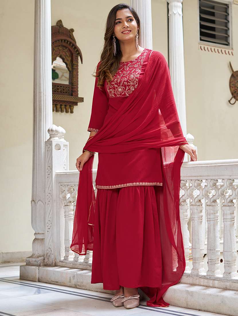 Women Embroidered Three Quarter Sleeve Kurta Sharara With Dupatta Set - 22454494 -  Standard Image - 2