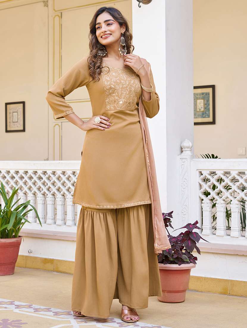 Women Embroidered Three Quarter Sleeve Kurta Sharara With Dupatta Set - 22454495 -  Standard Image - 2