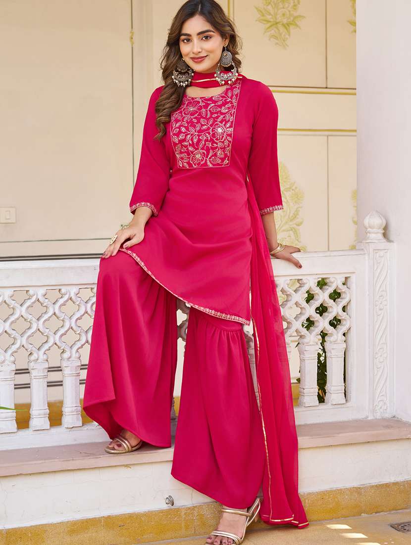 women solid with work three quarter sleeve kurta sharara with dupatta set - 22454496 -  Standard Image - 2