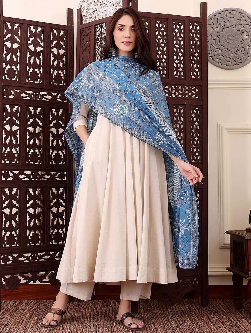 women cream chanderi flared kurta