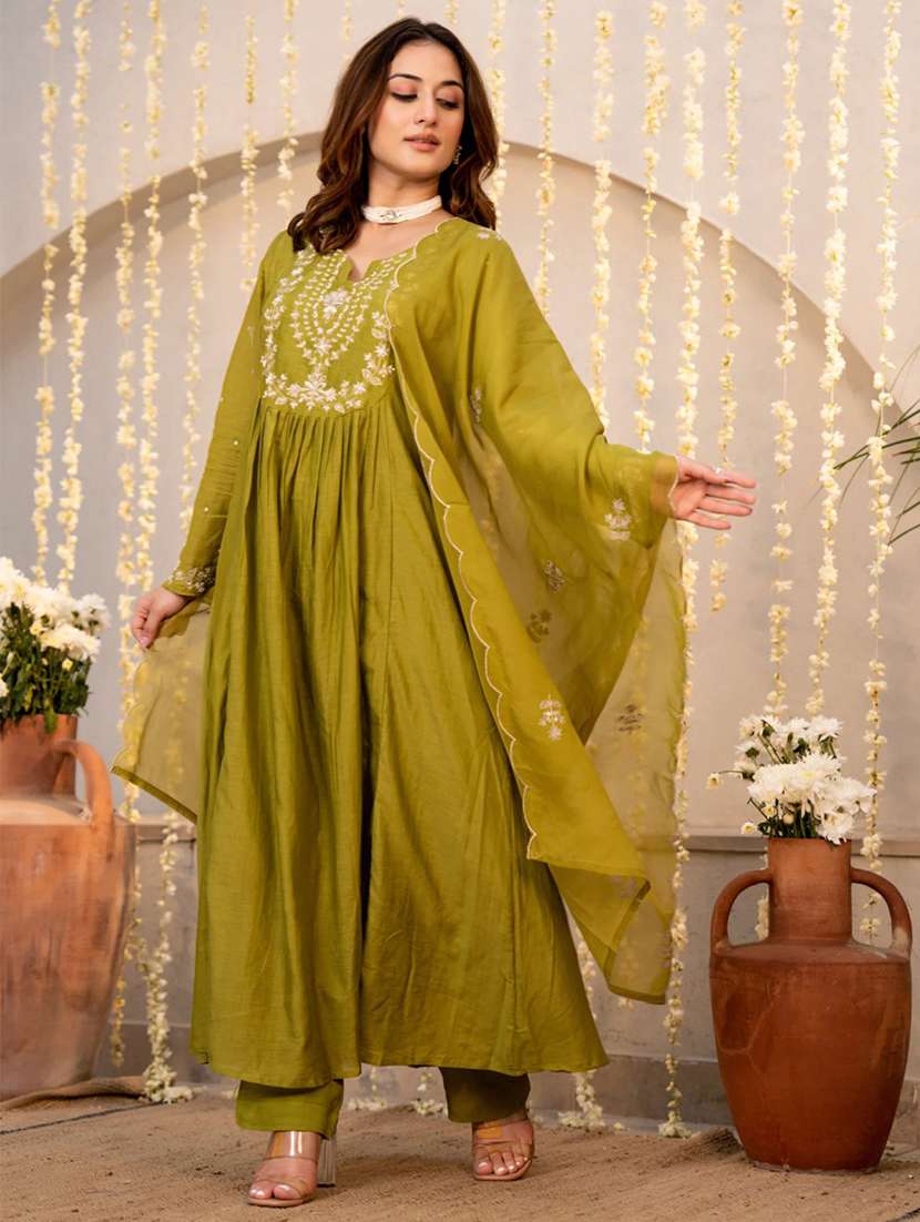 women olive chanderi flared kurta - 22455535 -  Standard Image - 2