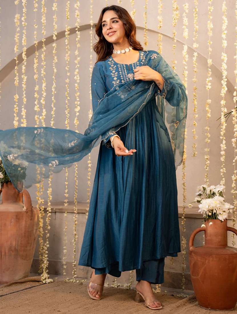 women blue chanderi flared kurta - 22455536 -  Standard Image - 2