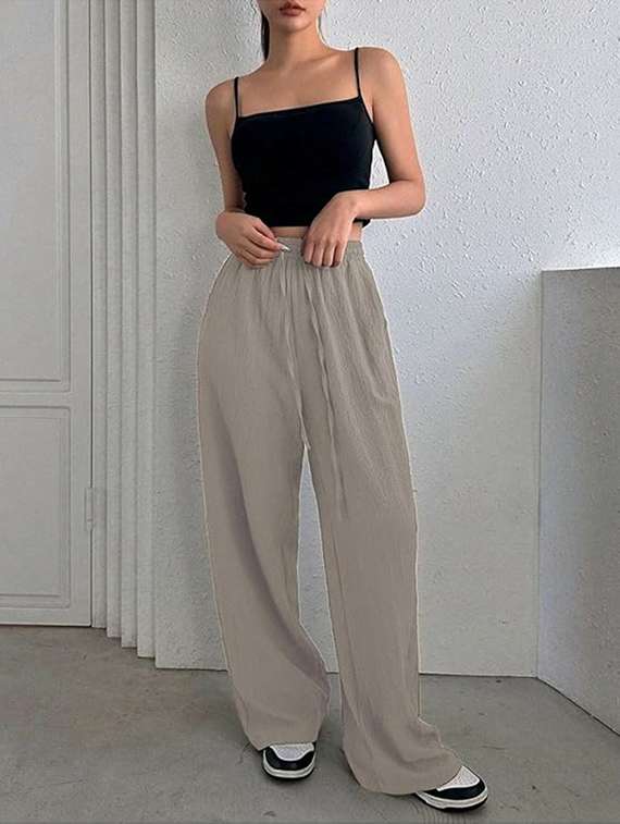 women khaki lycra wide leg trouser - 22455548 -  Standard Image - 2