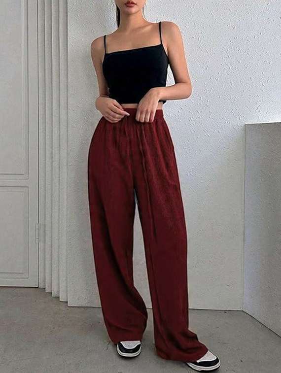women brown lycra wide leg trouser - 22455550 -  Standard Image - 2