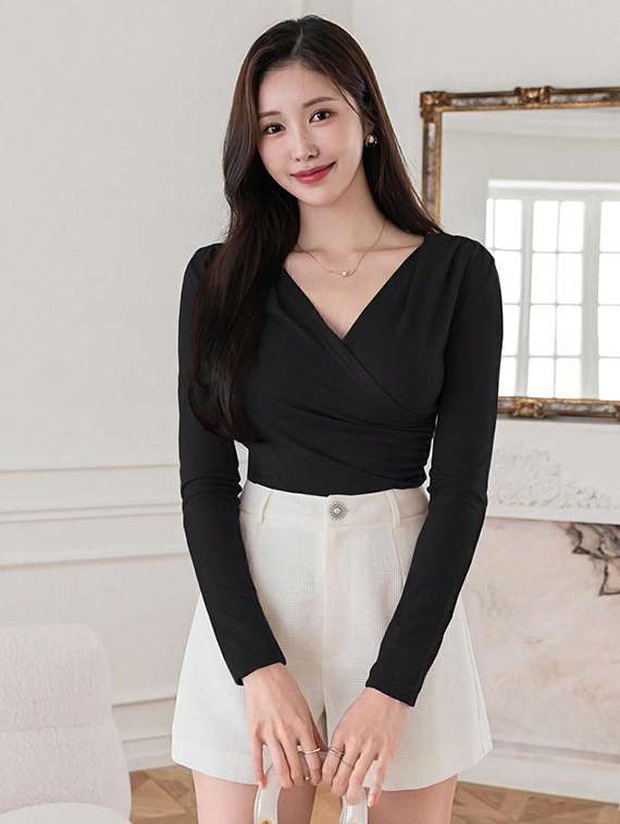 women solid long sleeve slim fit wrap top - 22455912 -  Standard Image - 2
