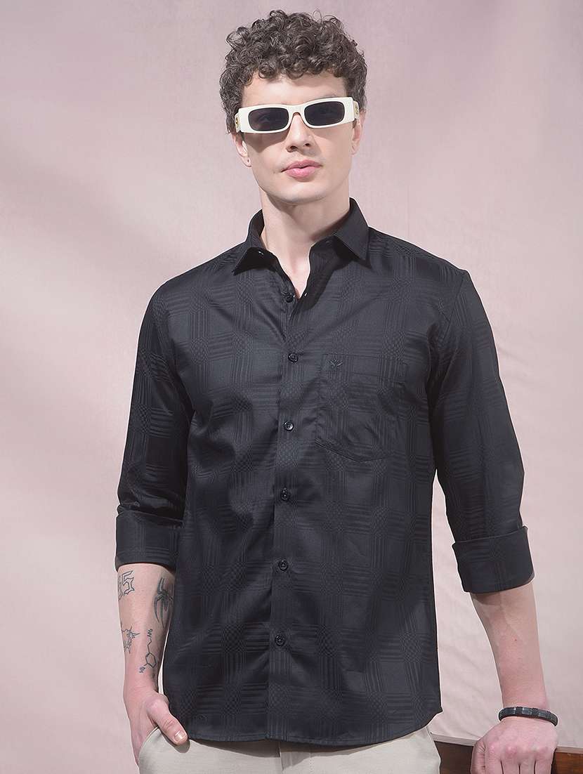 men self design long sleeve slim fit casual shirt