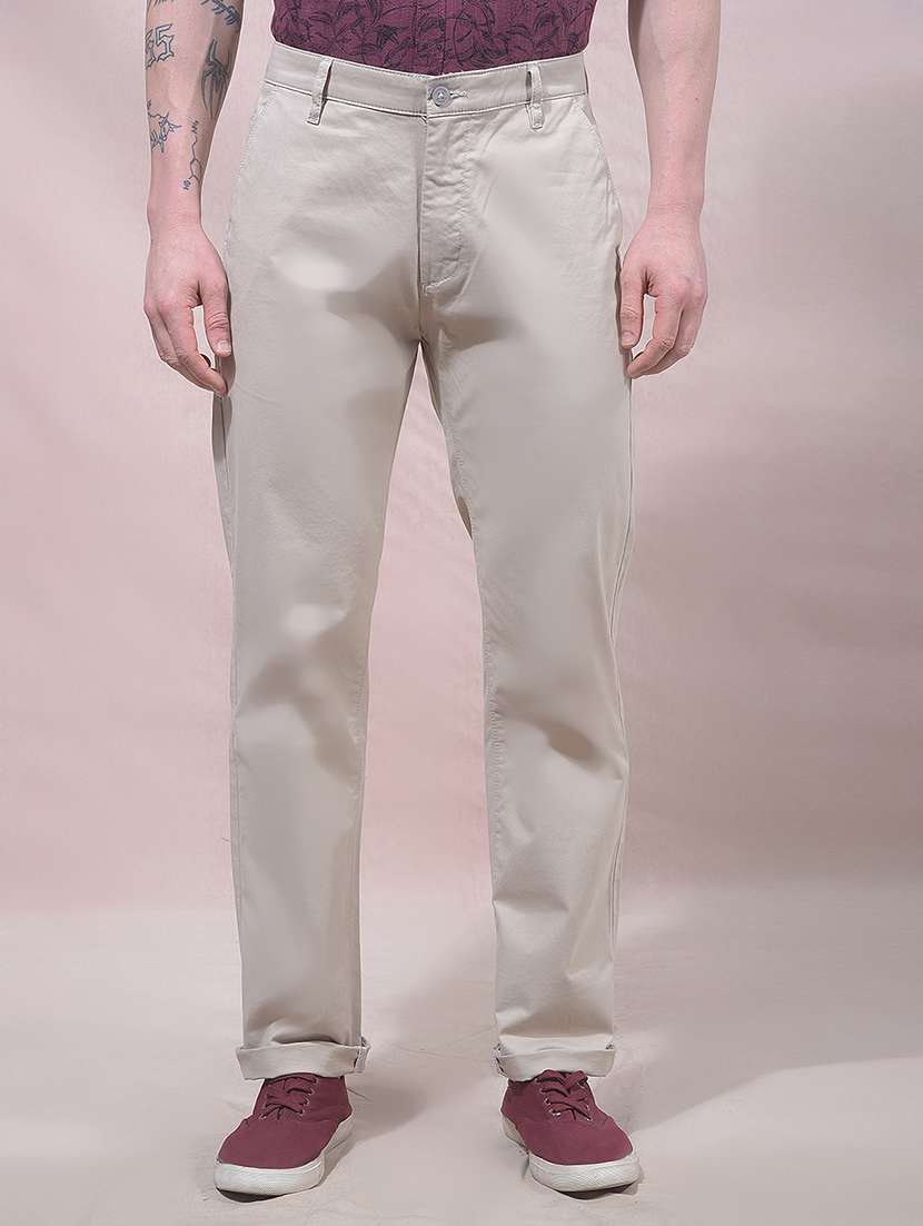 men solid mid rise chinos casual trouser