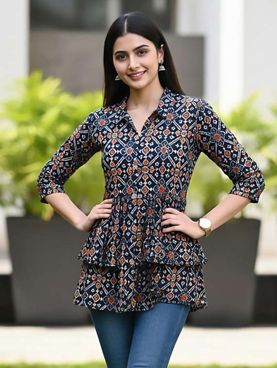 women navy blue cotton straight kurti - 22456060 -  Standard Image - 2