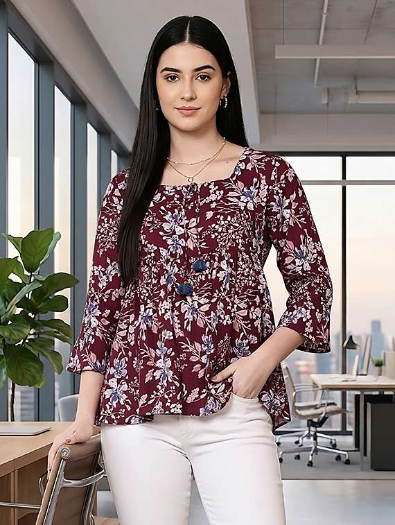 women maroon cotton straight kurti