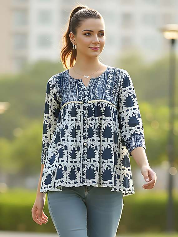 women navy blue cotton straight kurti