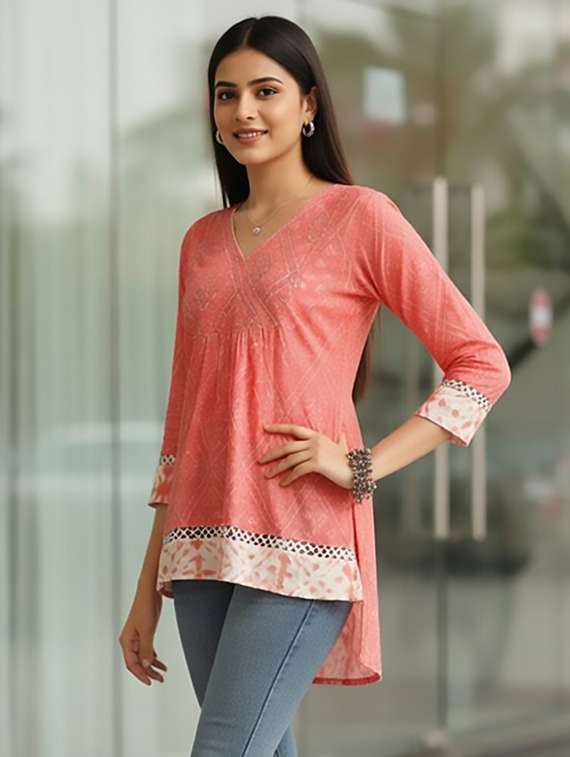 women peach cotton straight kurti - 22456084 -  Standard Image - 2