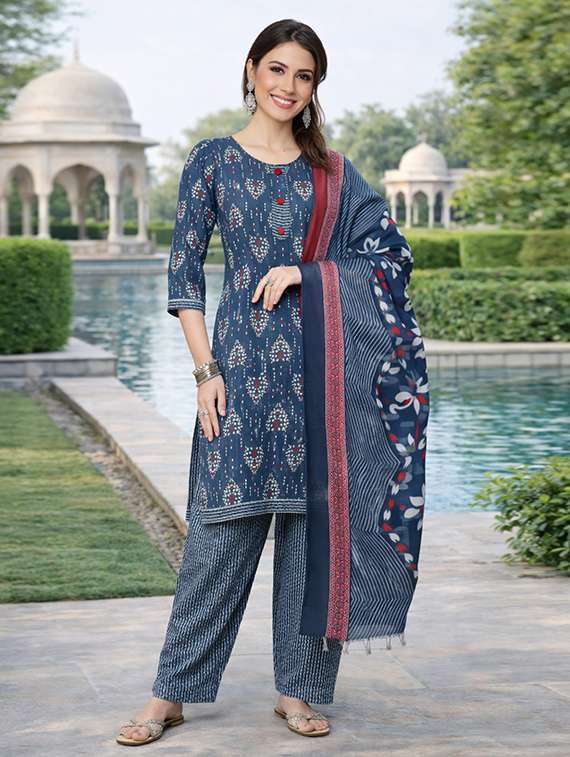 women blue printed cotton blend kurta salwar dupatta set