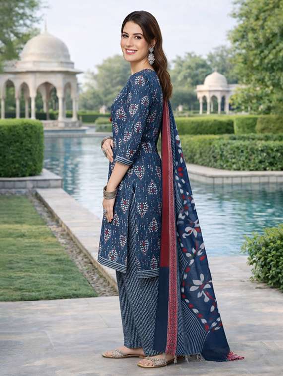 Women Blue Printed Cotton Blend Kurta Salwar Dupatta Set - 22456096 -  Standard Image - 2