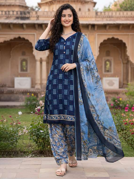 women navy blue  printed kurta salwar set