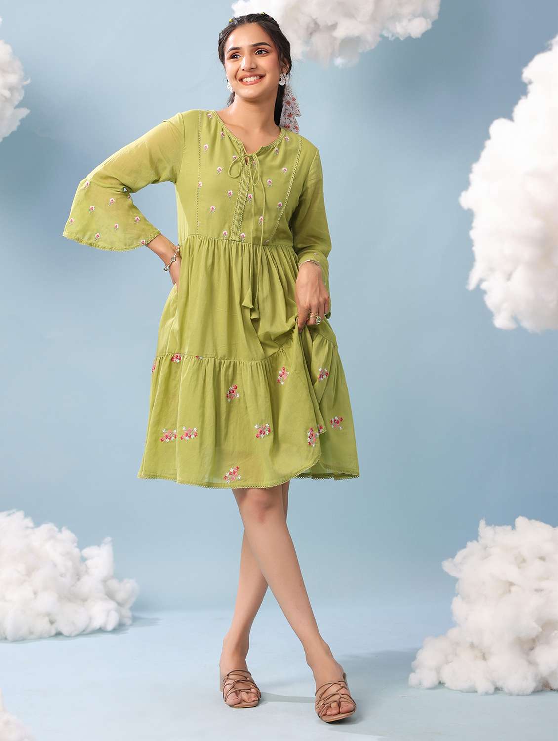women green cotton tiered dress dress