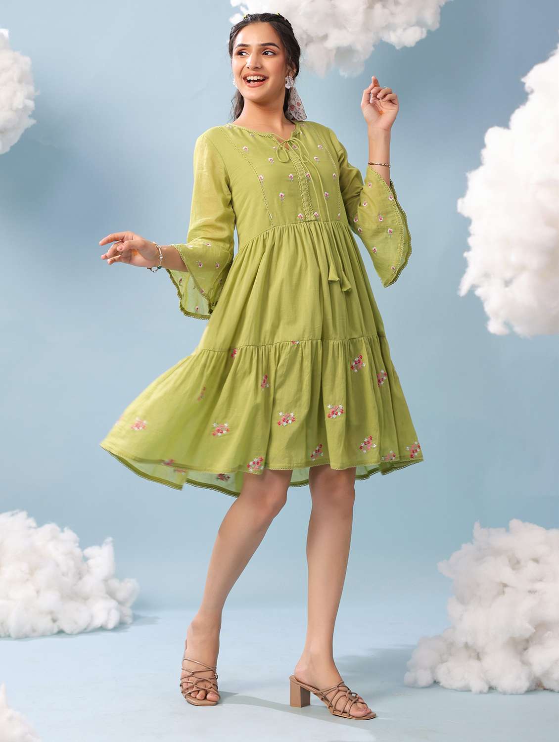 women green cotton tiered dress dress - 22456345 -  Standard Image - 2