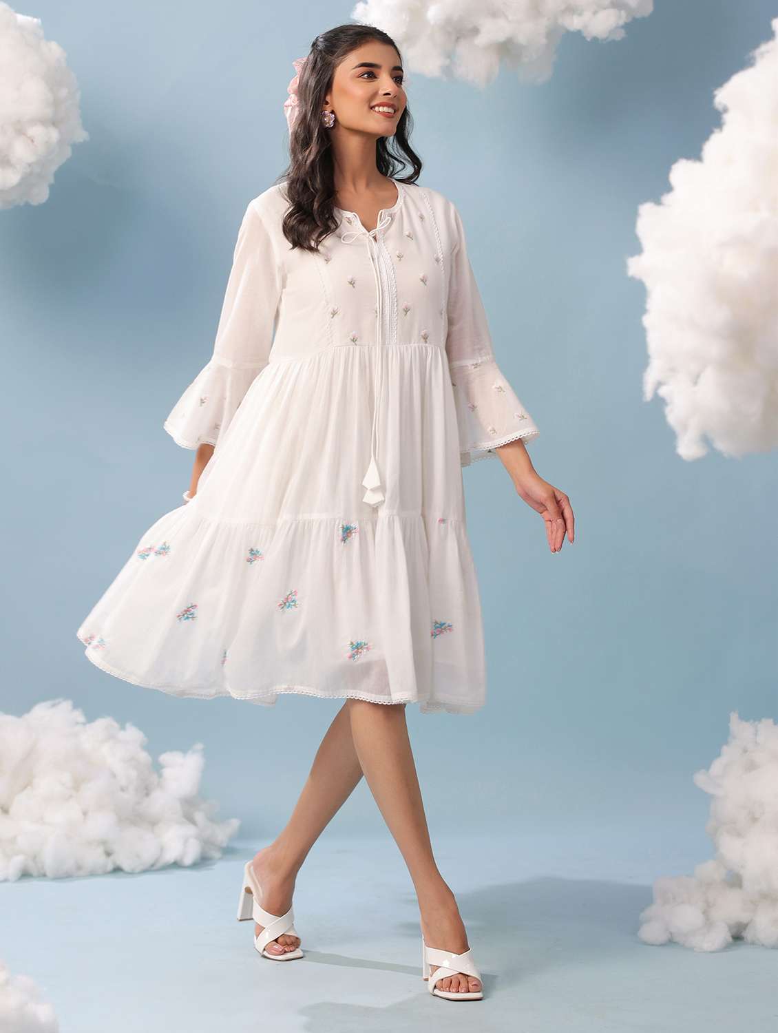 Women White Cotton Tiered Dress Dress - 22456346 -  Standard Image - 2