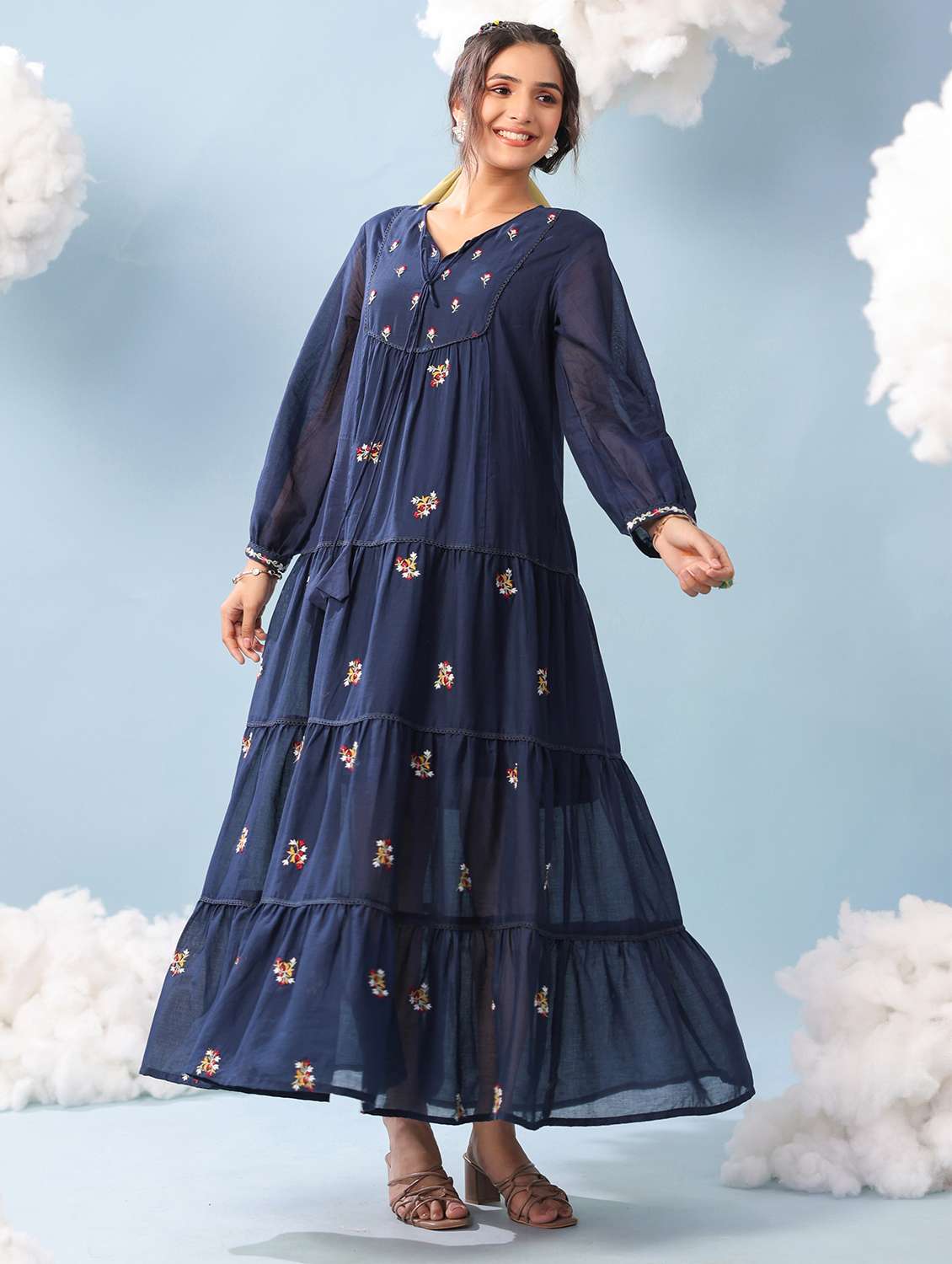women tiered cotton maxi dress with embroidery