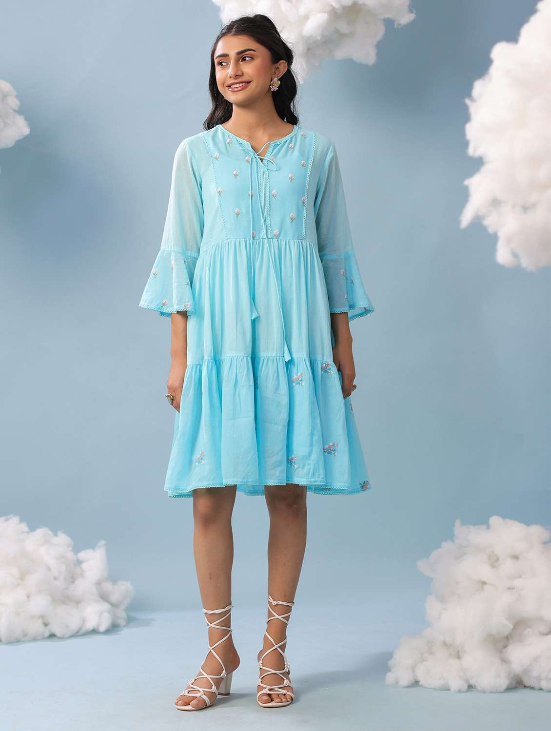 women aqua blue cotton tiered dress dress