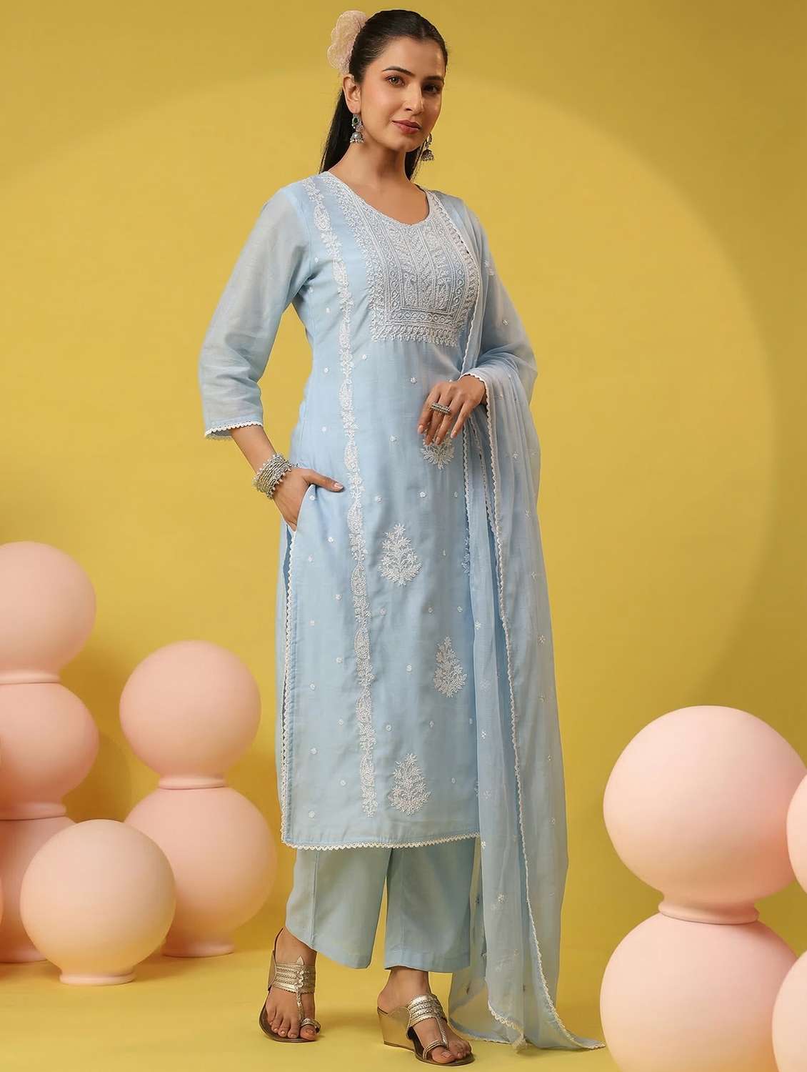 women self design blue kurta pant set - 22456376 -  Standard Image - 2