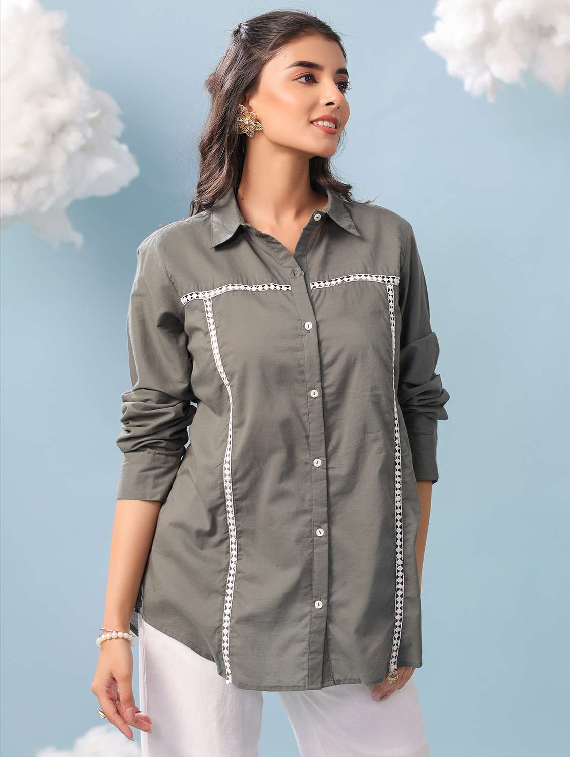 women solid long sleeve collared shirt - 22456378 -  Standard Image - 2