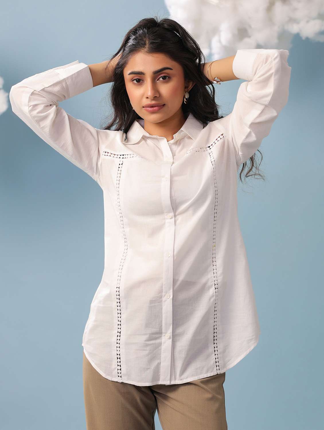  women solid white cotton regular shirt