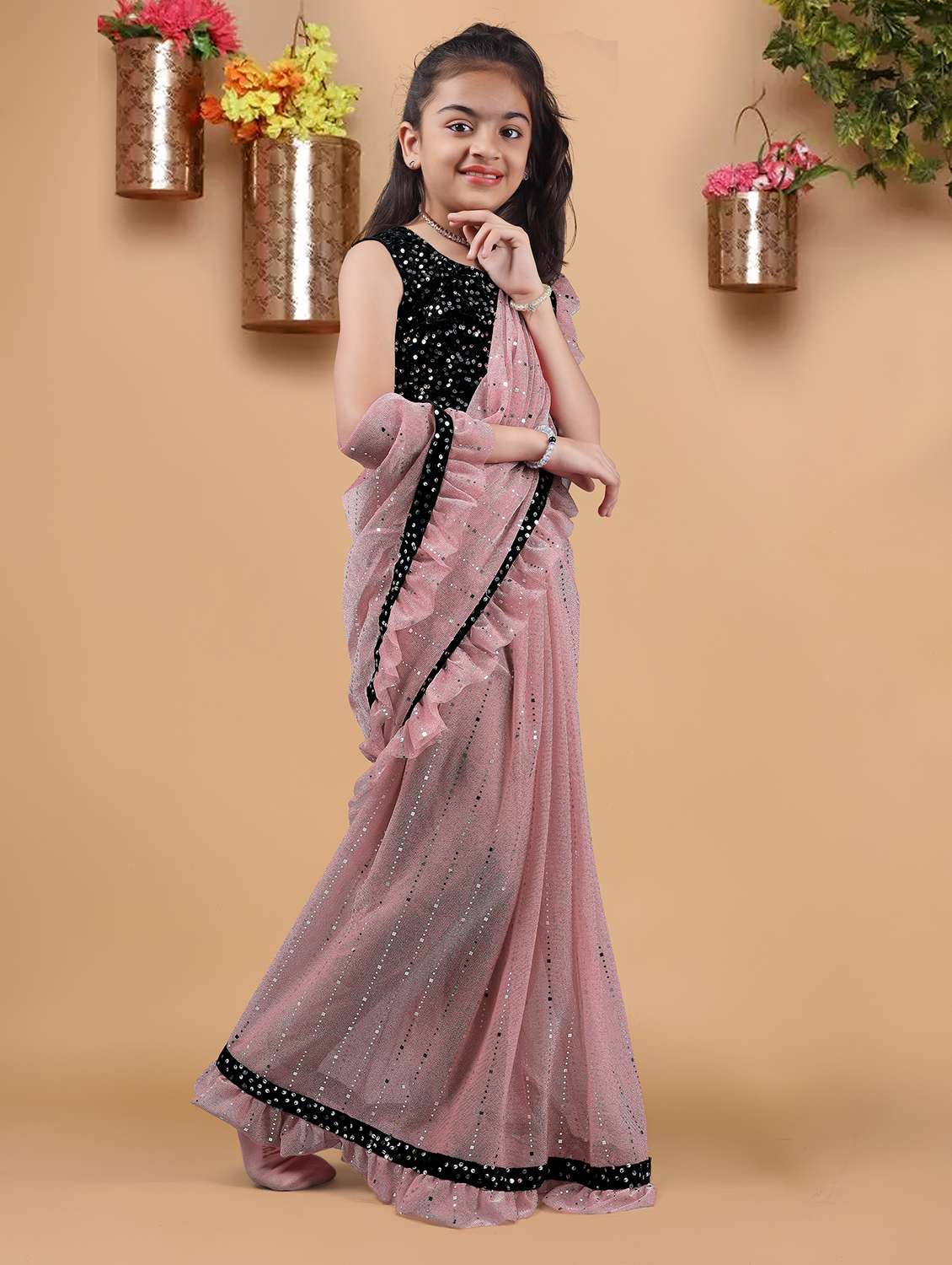 girls solid with work ready to wear saree - 22456446 -  Standard Image - 2