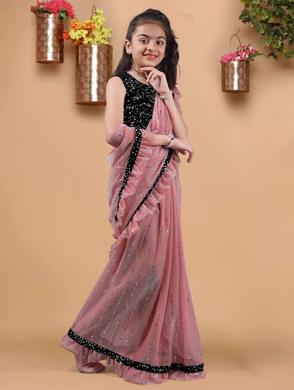 girls solid with work ready to wear saree - 22456447 -  Standard Image - 2