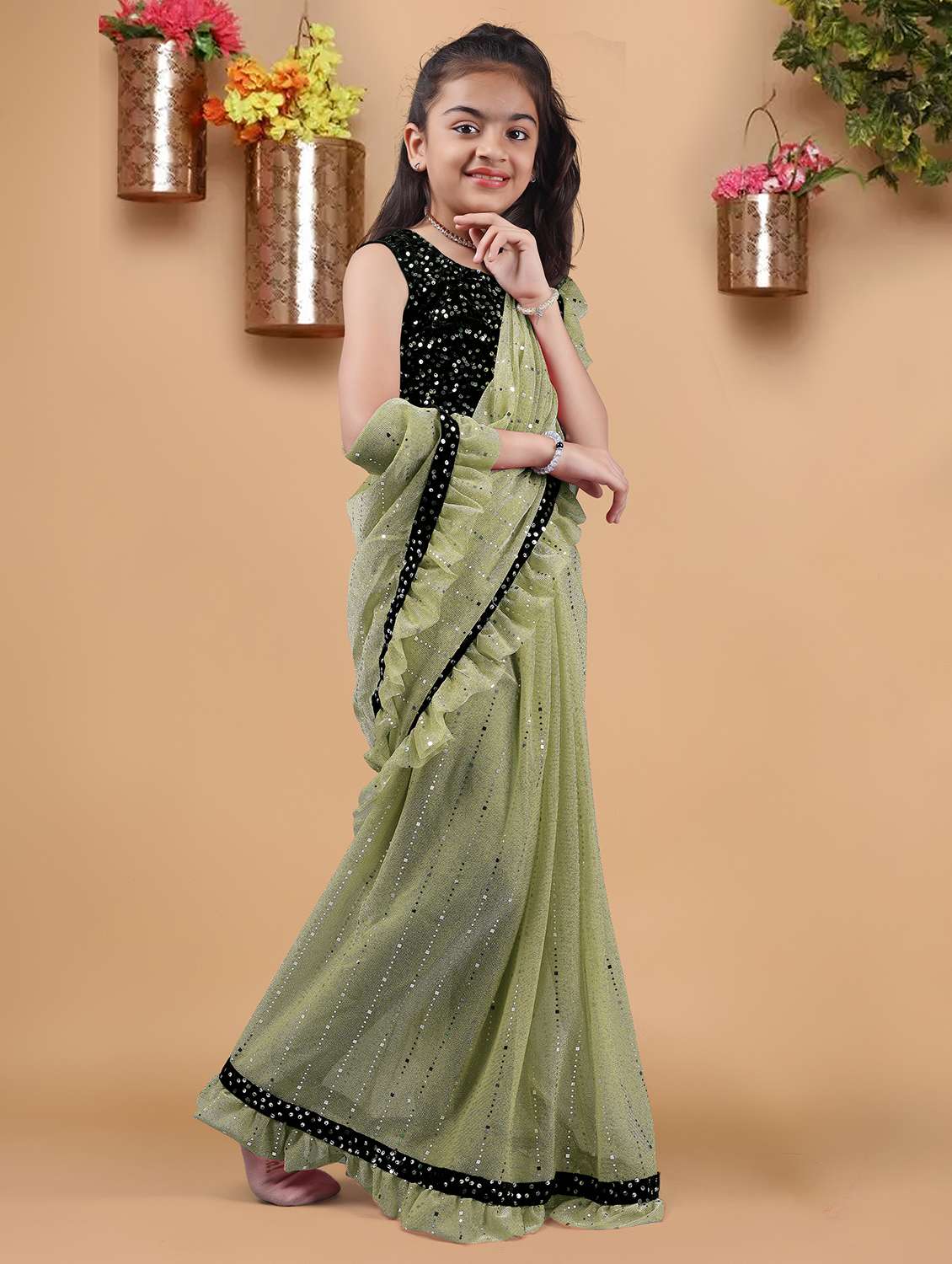 girls solid with work ready to wear saree - 22456449 -  Standard Image - 2