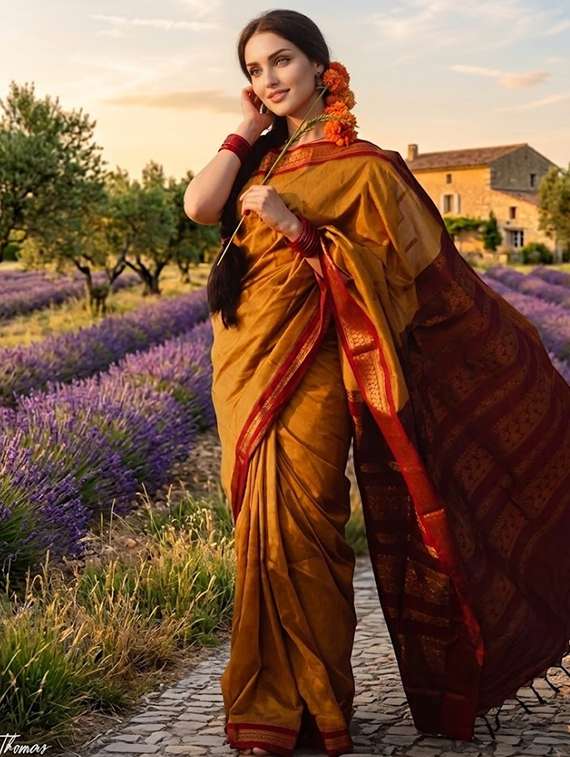 women solid with bordered saree with blouse