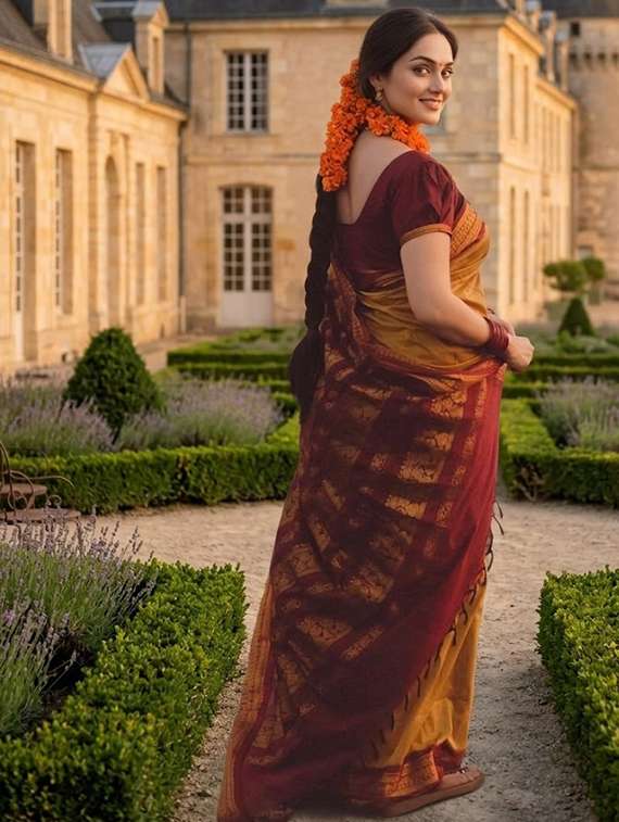 women solid with bordered saree with blouse - 22456490 -  Standard Image - 2