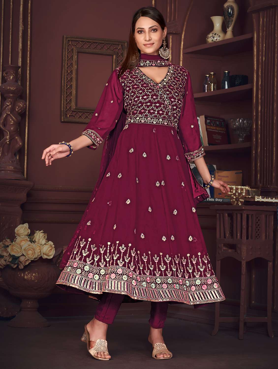 Women Solid With Work Unstitched Suit Set - 22456822 -  Standard Image - 2