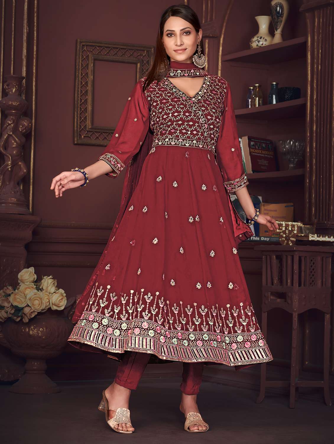 Women Solid With Work Unstitched Suit Set - 22456823 -  Standard Image - 2