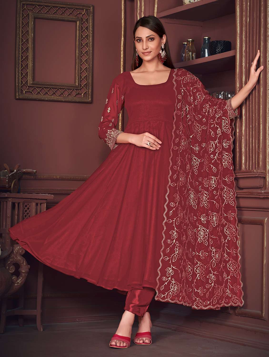 Women Solid With Work Unstitched Suit Set - 22456834 -  Standard Image - 2