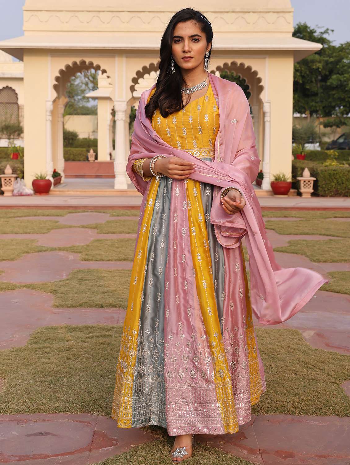 women solid with work unstitched suit set
