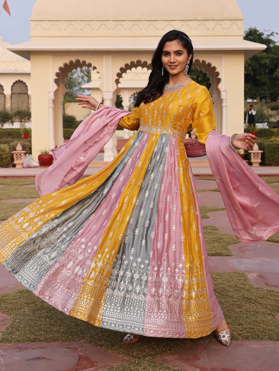 Women Solid With Work Unstitched Suit Set - 22456838 -  Standard Image - 2