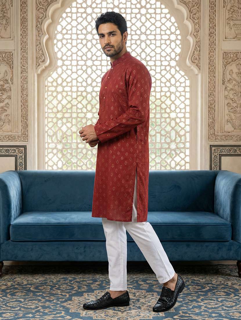 mens maroon cotton blend kurta pyjama ethnic wear set - 22457146 -  Standard Image - 2