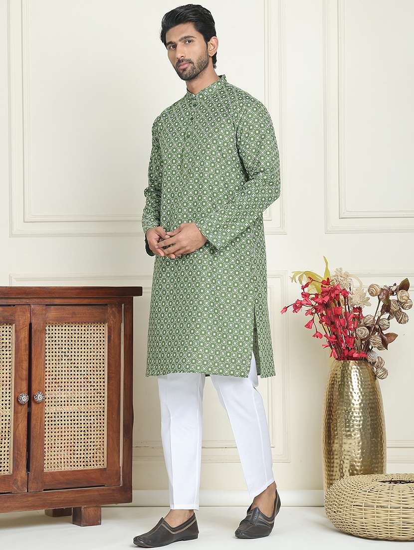 men olive cotton blend kurta pyjama ethnic wear set - 22457161 -  Standard Image - 2