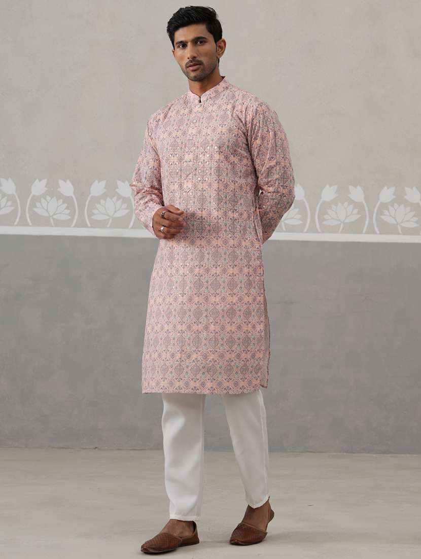 men peach cotton blend kurta pyjama ethnic wear set