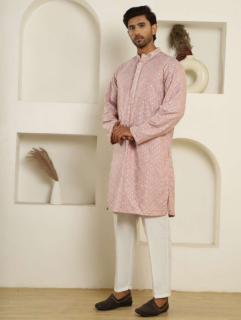 men solid with work mandarin neck long kurta - 22457340 -  Standard Image - 2