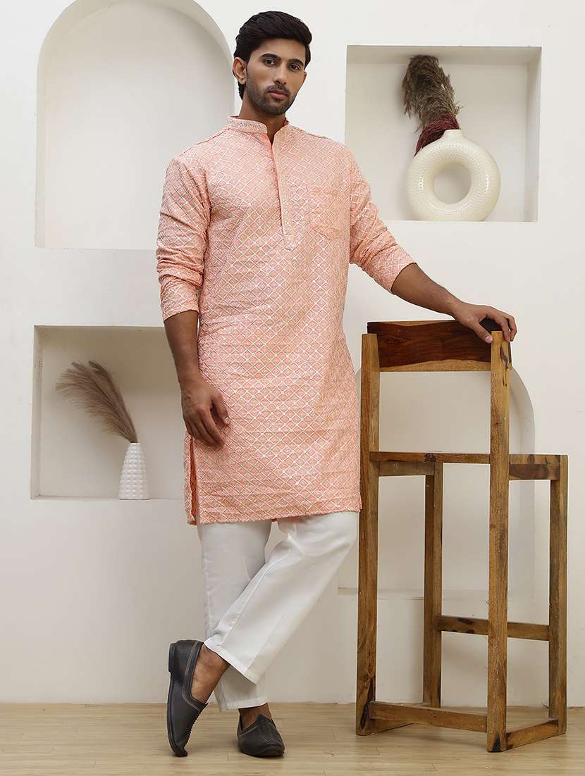 men solid with work mandarin neck long kurta - 22457343 -  Standard Image - 2