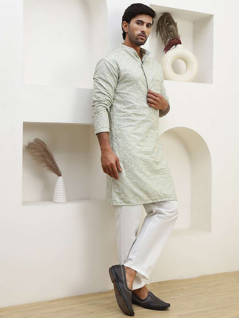 men solid with work mandarin neck long kurta - 22457345 -  Standard Image - 2