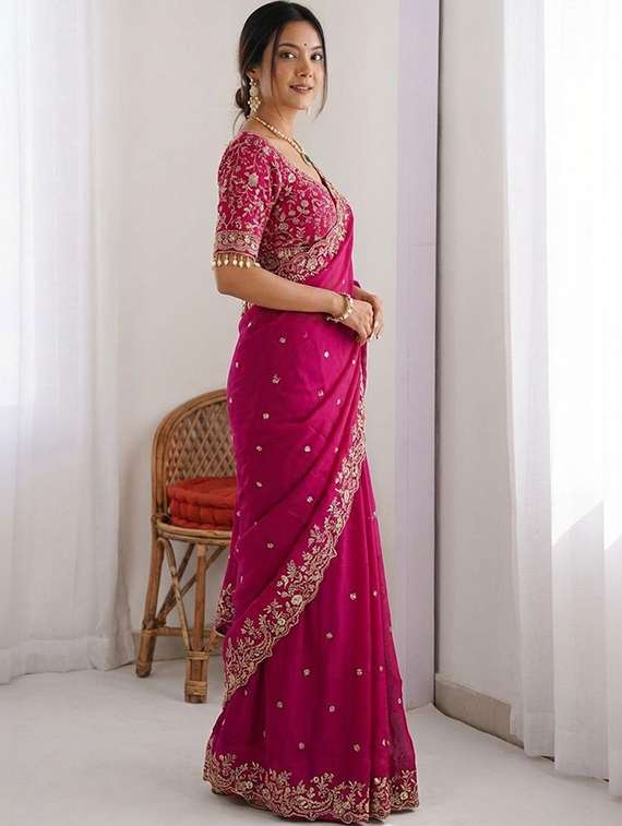 women solid with work embellished saree with blouse - 22457352 -  Standard Image - 2